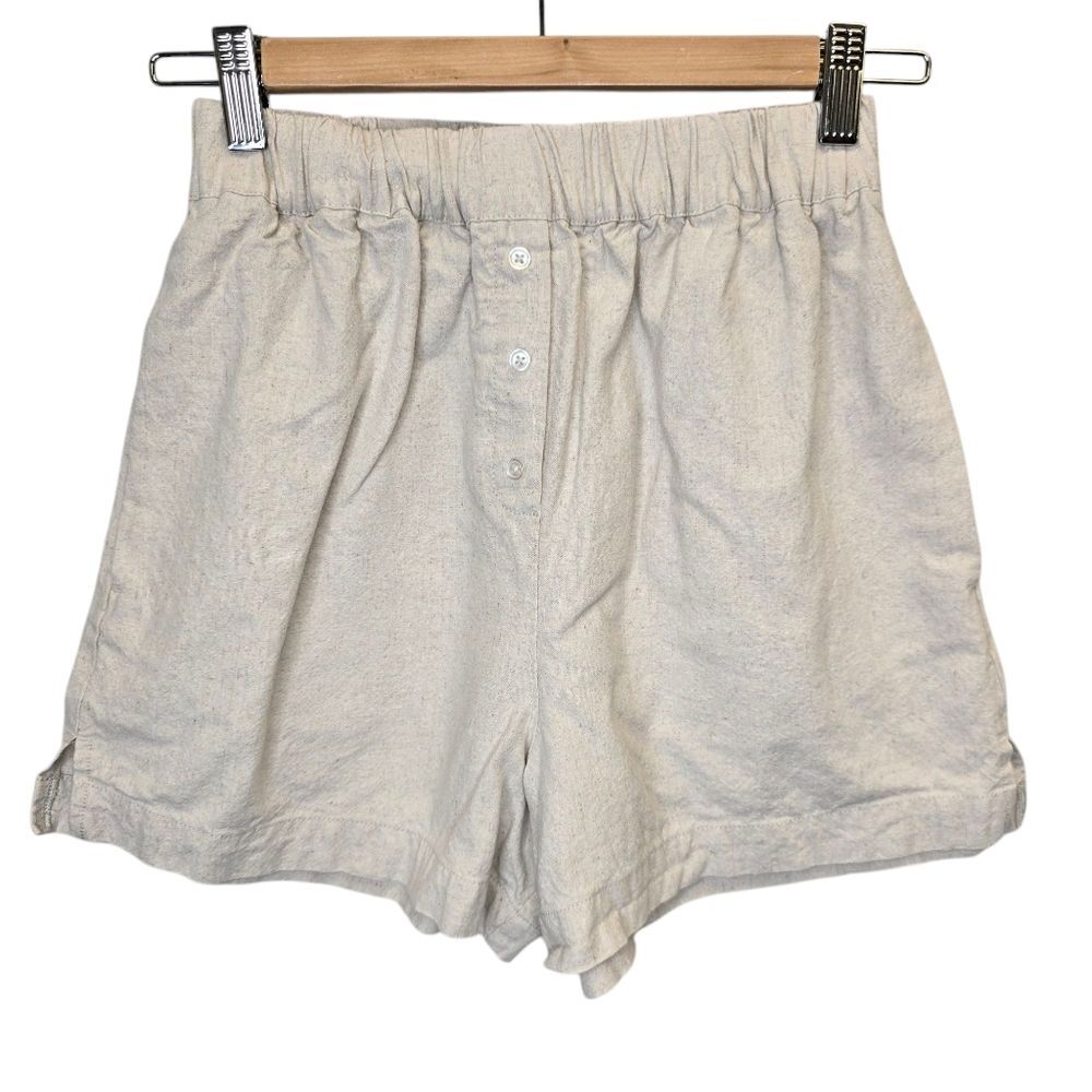 ASOS Women's 0 High Waist Cream Linen Blend Shorts with Elastic Waistband